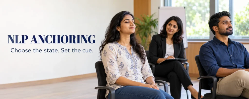 NLP anchoring practice with three Indian participants in a professional training session