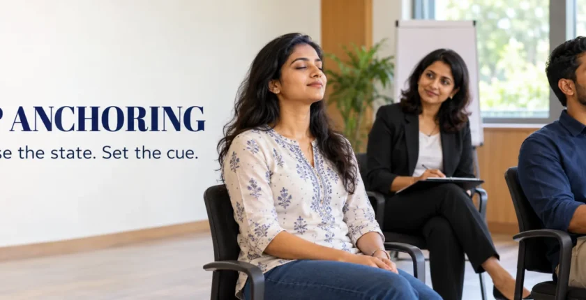 NLP anchoring practice with three Indian participants in a professional training session